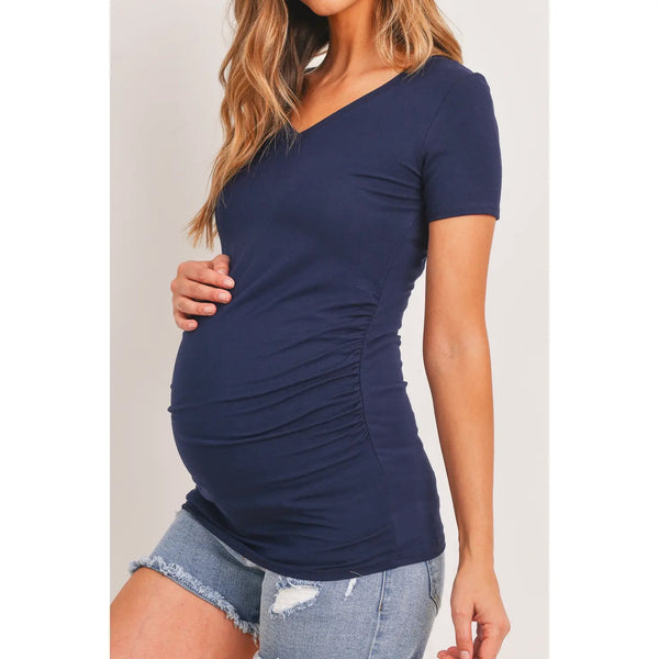 Basic high Vneck top with ruched side detail