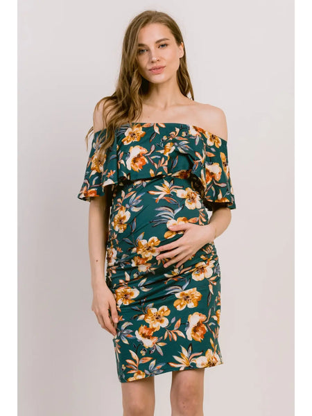 Floral Ruffled Off Shoulder Maternity Dress