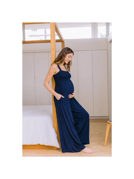 Square Neck Smocked Maternity Jumpsuit