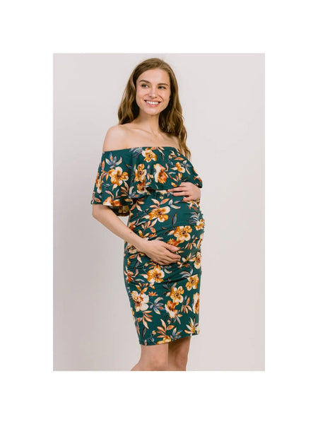 Floral Ruffled Off Shoulder Maternity Dress