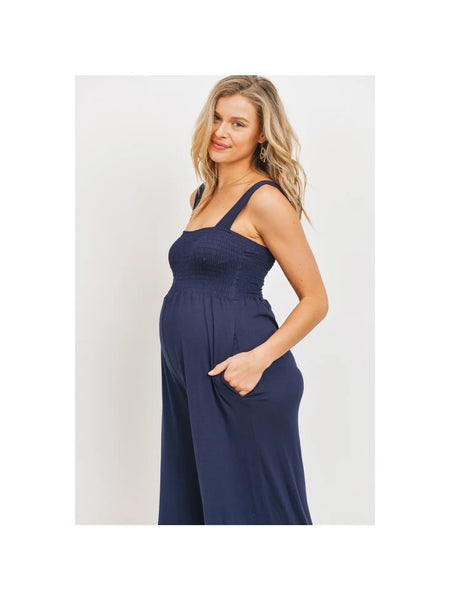Square Neck Smocked Maternity Jumpsuit